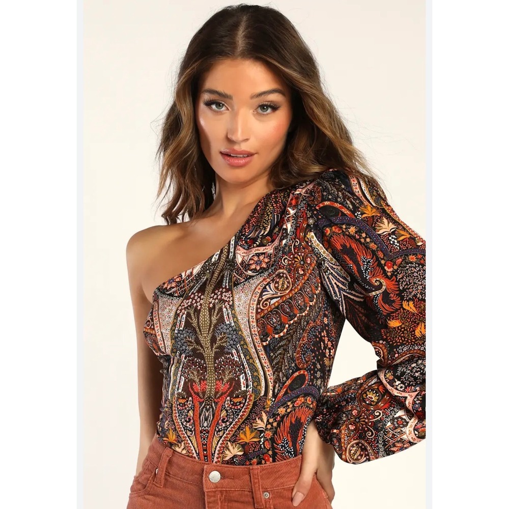 Lulus Womens XS One Shoulder Paisley Balloon Sleeve Bodysuit Multicolor Satin